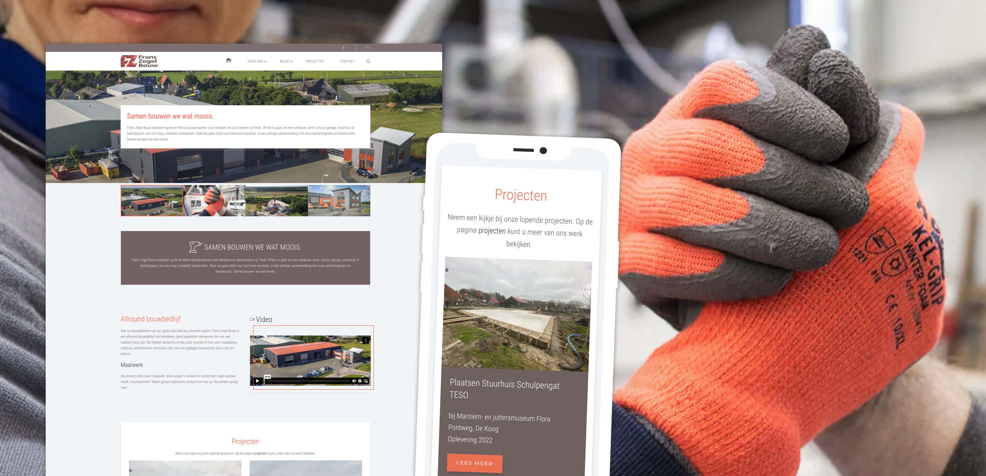 Op de website en op een mobiele telefoon worden pagina's met bouwprojecten getoond, met op de achtergrond een persoon met oranje werkhandschoenen die zijn handen ineenslaat en zijn expertise op het gebied van websites en onlinediensten laat zien.
