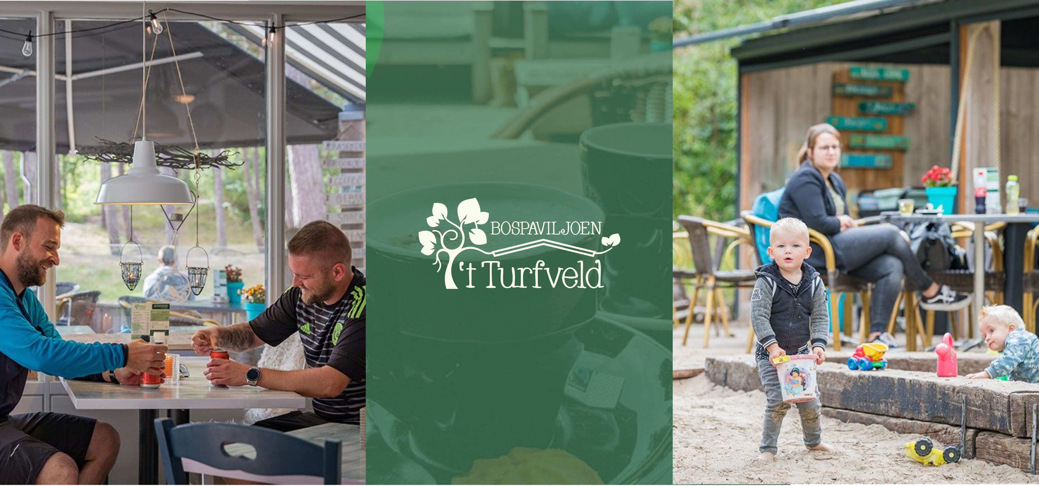 Afbeelding met drie panelen: twee mannen eten binnen, een groen logo van Boschpaviljoen t Turfveld in het midden en een vrouw met twee jonge kinderen die buiten spelen bij een houten gebouw. Ideaal voor websites die familieplezier of online diensten promoten.
