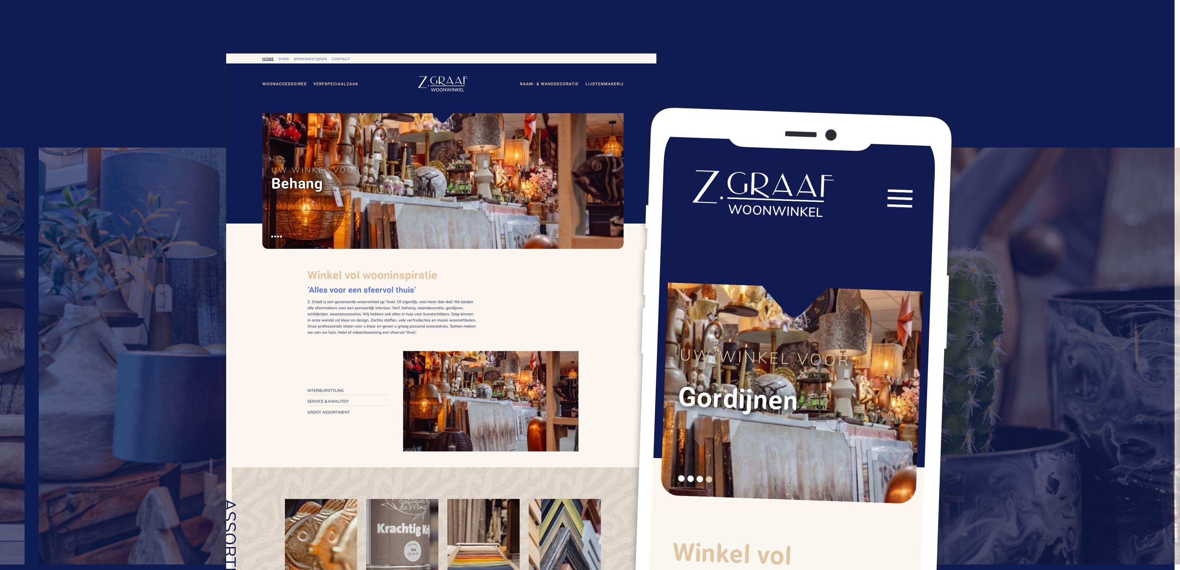 Screenshot van de website van Z. Graaf Woonwinkel, met de homepage in desktop- en mobiele lay-outs, met een winkelinterieur vol woonaccessoires, waarmee wordt benadrukt hoe webshops hun collecties online presenteren.