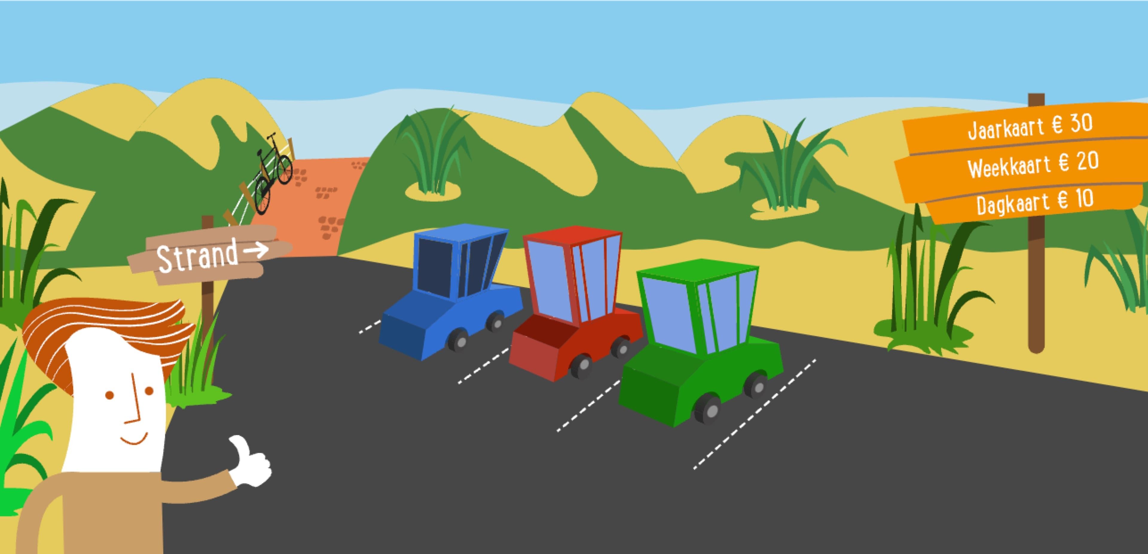 Illustratie van een parkeerplaats bij de duinen met drie auto's, een fietser op een pad en borden met parkeertarieven voor jaar-, week- en dagpassen. Ideaal voor websites of webshops die online diensten aanbieden op het gebied van reizen of lokale diensten.