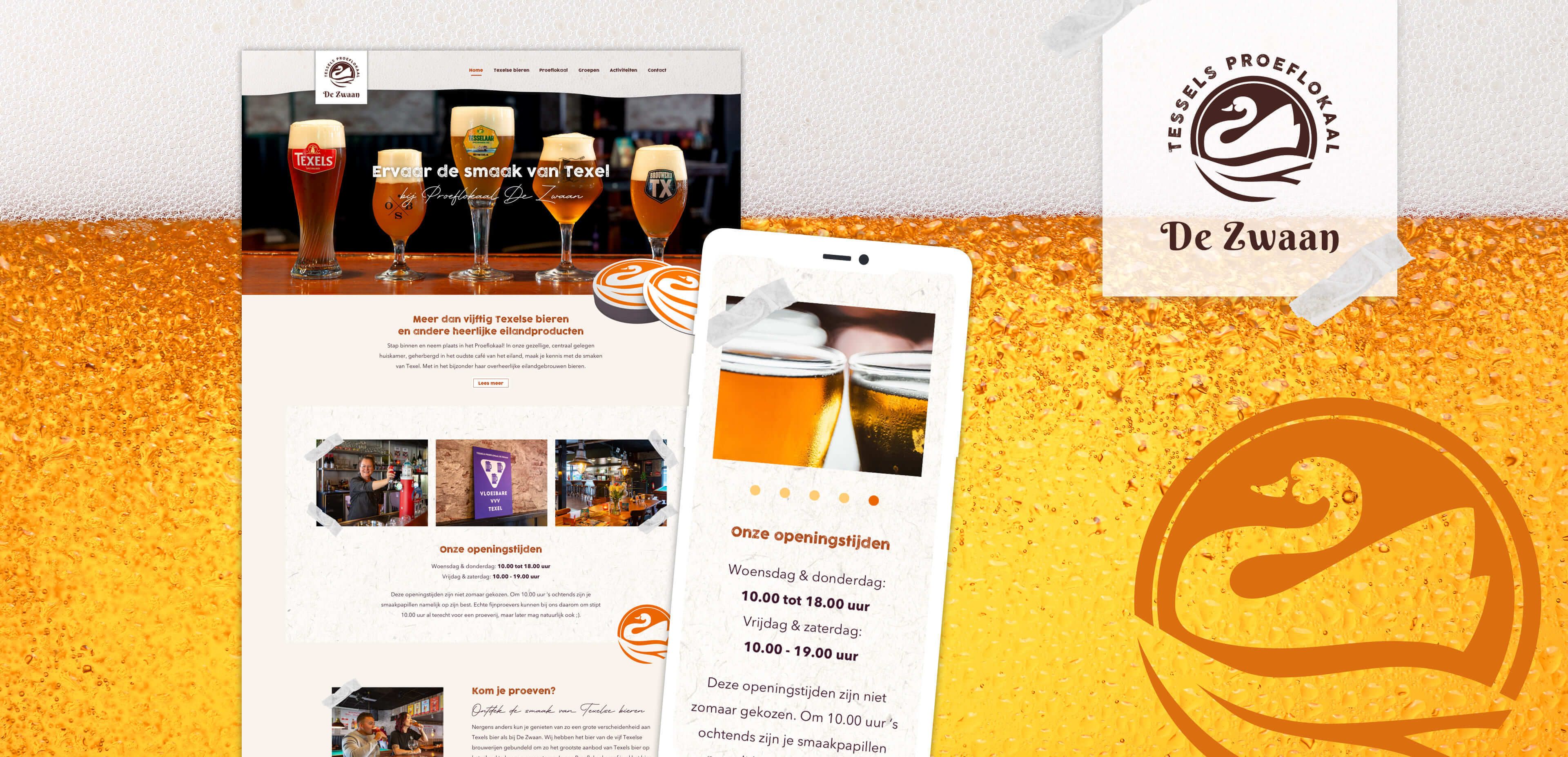 Screenshot van een website en mobiele weergave voor Tessels Proeflokaal De Zwaan, met glazen bier, openingstijden en een zwanenlogo op een bierthema-achtergrond: de perfecte inspiratie voor websites of webshops die online diensten aanbieden.