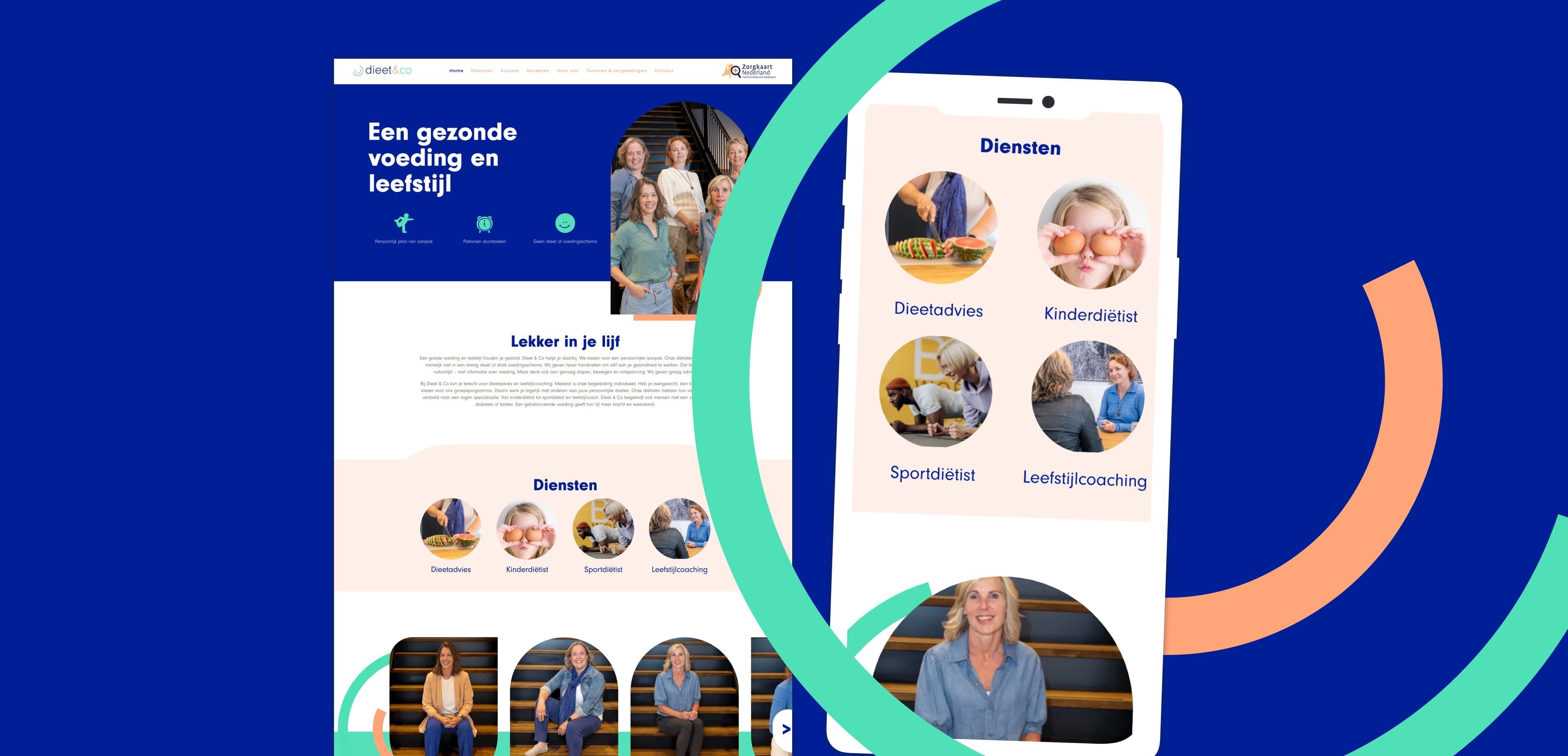 Schermafbeelding van een website over gezondheid en voeding die onlinediensten aanbiedt, weergegeven op desktop- en mobiele apparaten, met servicecategorieën, foto's van mensen en een blauw-wit kleurenschema.
