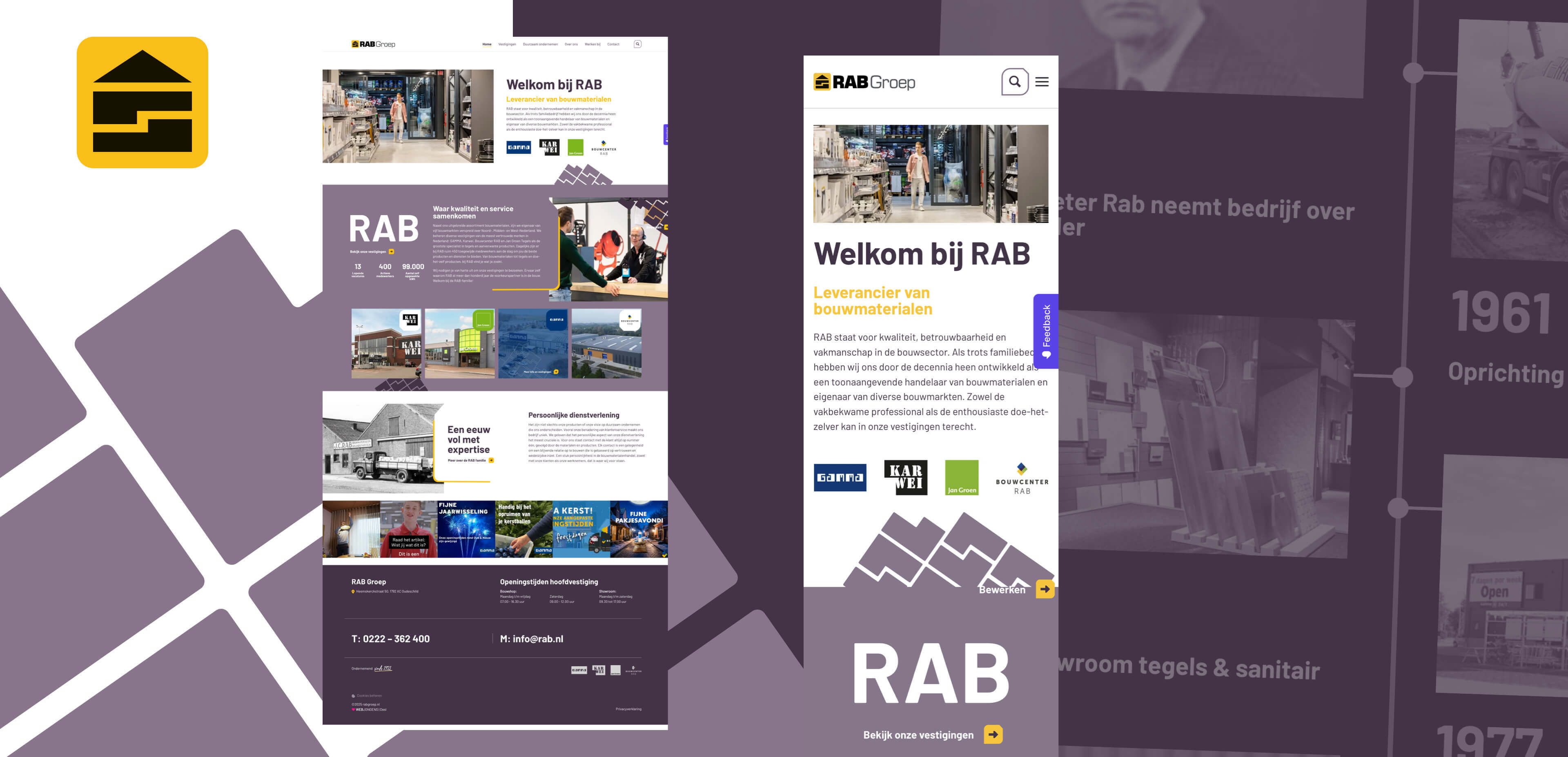 Een desktop- en mobiele weergave van de startpagina van de RAB Group, met navigatiemenu's, welkomsttekst, afbeeldingen, een paars-wit kleurenschema en hoogtepunten van hun websites en online diensten.