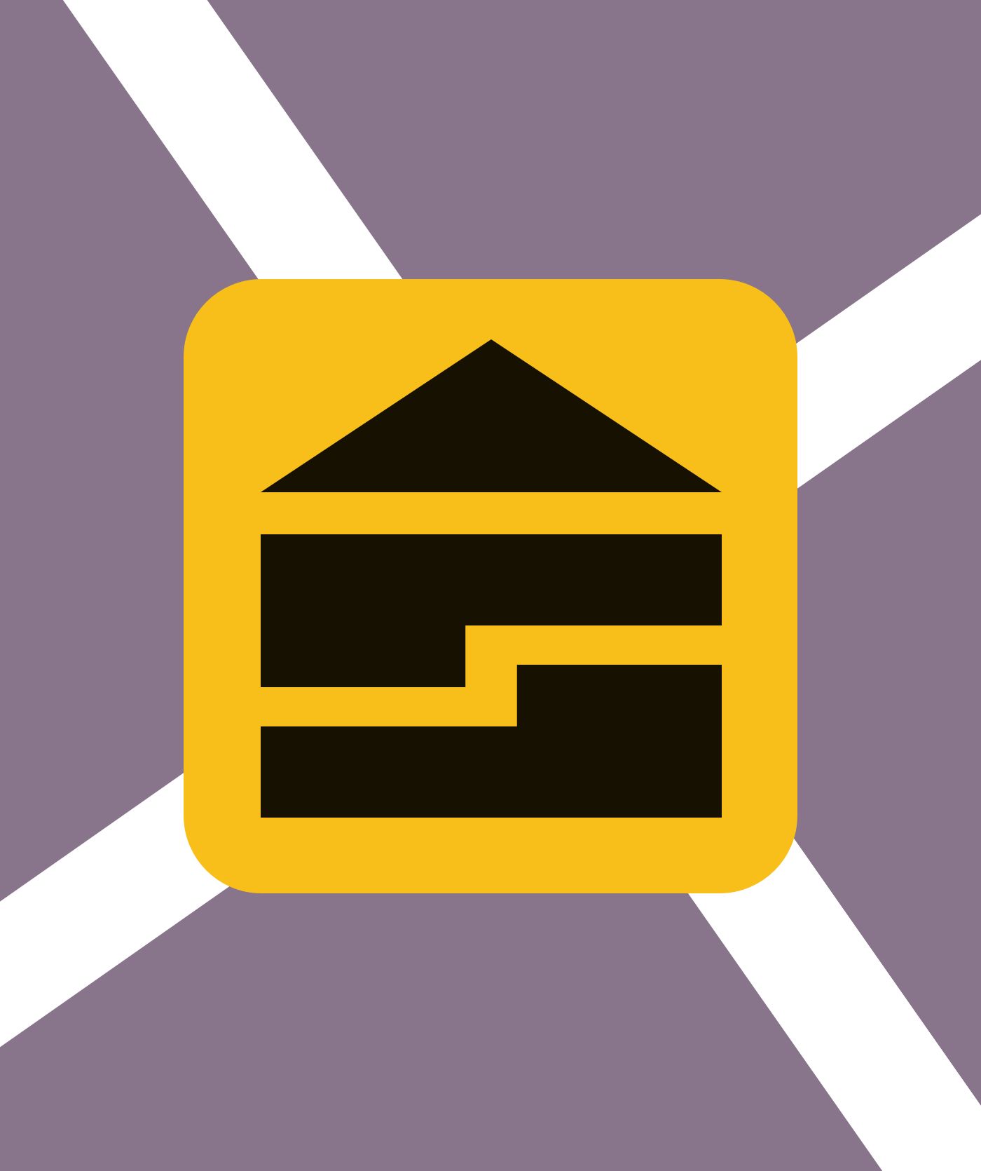 Een geel bord met een zwart huisje en geometrische vormen wordt weergegeven op een achtergrond van elkaar kruisende witte lijnen op een paars oppervlak, wat doet denken aan moderne designthema's die je tegenkomt op websites en webshops.