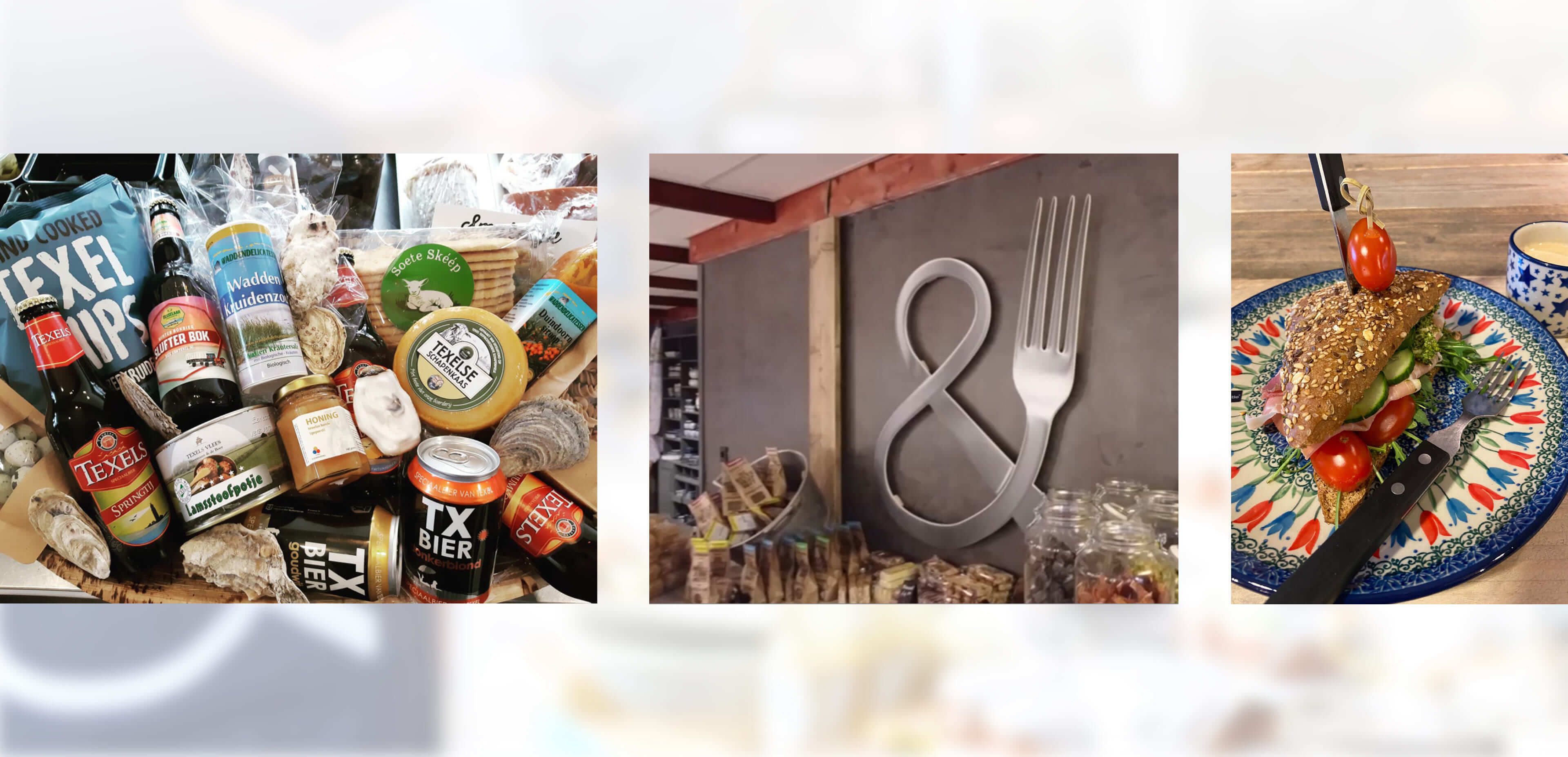 Een collage van lokale voedselproducten, een muur met een ampersand- en vorkdecoratie en een sandwich met salade en koffie: de perfecte inspiratie voor websites of webshops die zich richten op culinaire hoogstandjes.