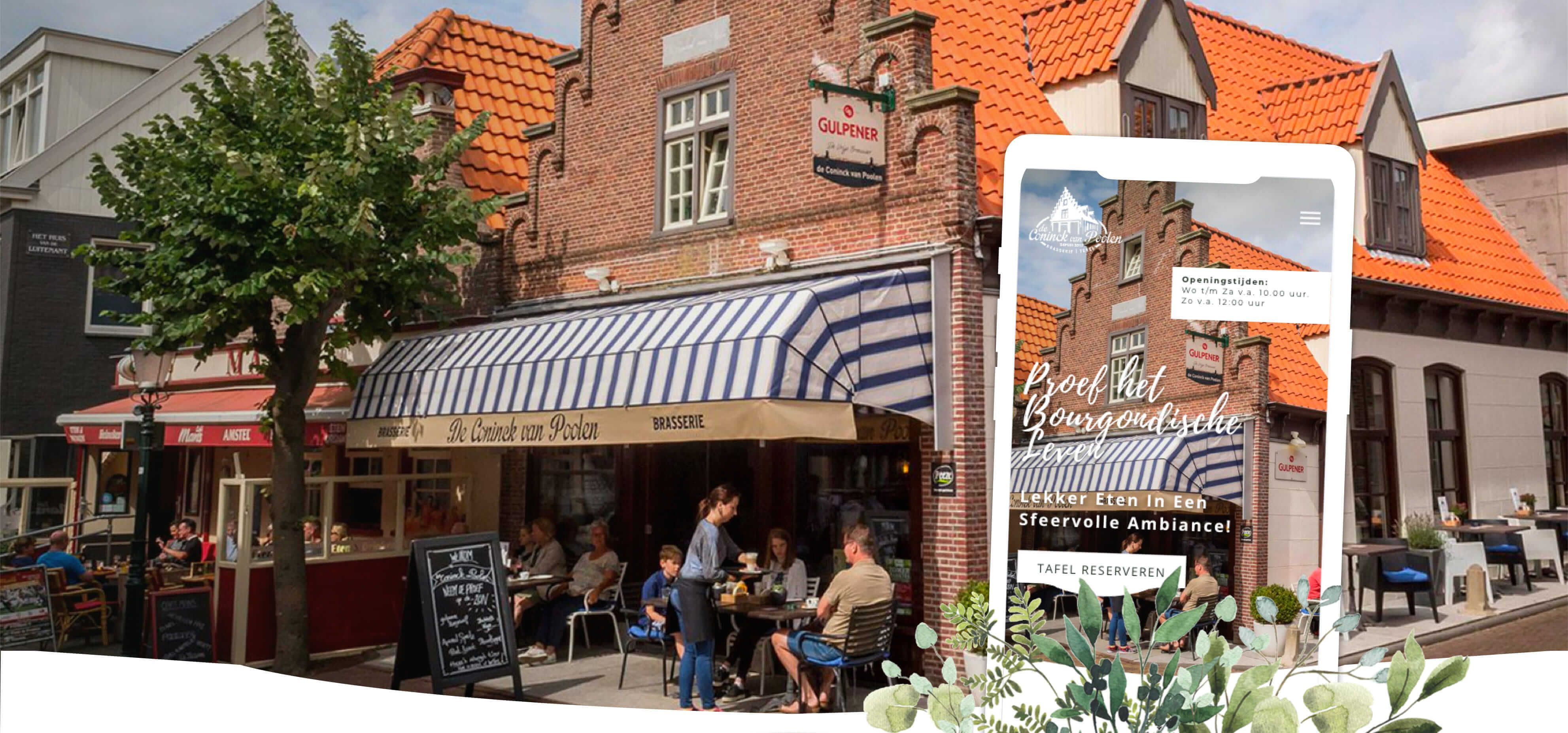Straatbeeld van een stenen restaurant met terras, etende mensen en een digitale tablet op de voorgrond met de website van het restaurant voor eenvoudige toegang tot websites en online diensten.