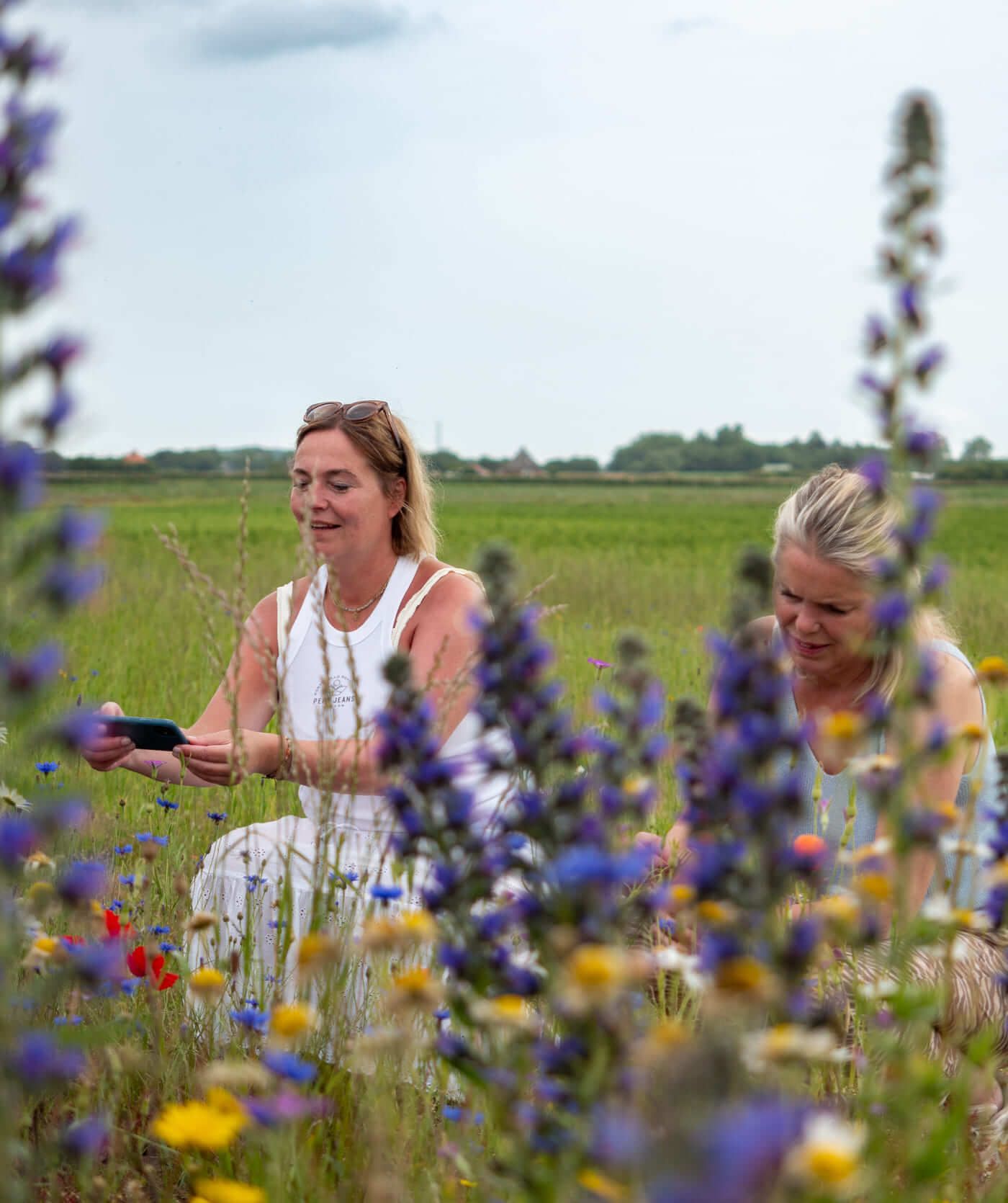 Twee vrouwen zitten in een grasveld tussen wilde bloemen, met hoge paarse en gele bloemen op de voorgrond. Een vrouw houdt een telefoon vast, mogelijk snuffelend in webshops of online diensten bekijkend te midden van het vredige landschap.
