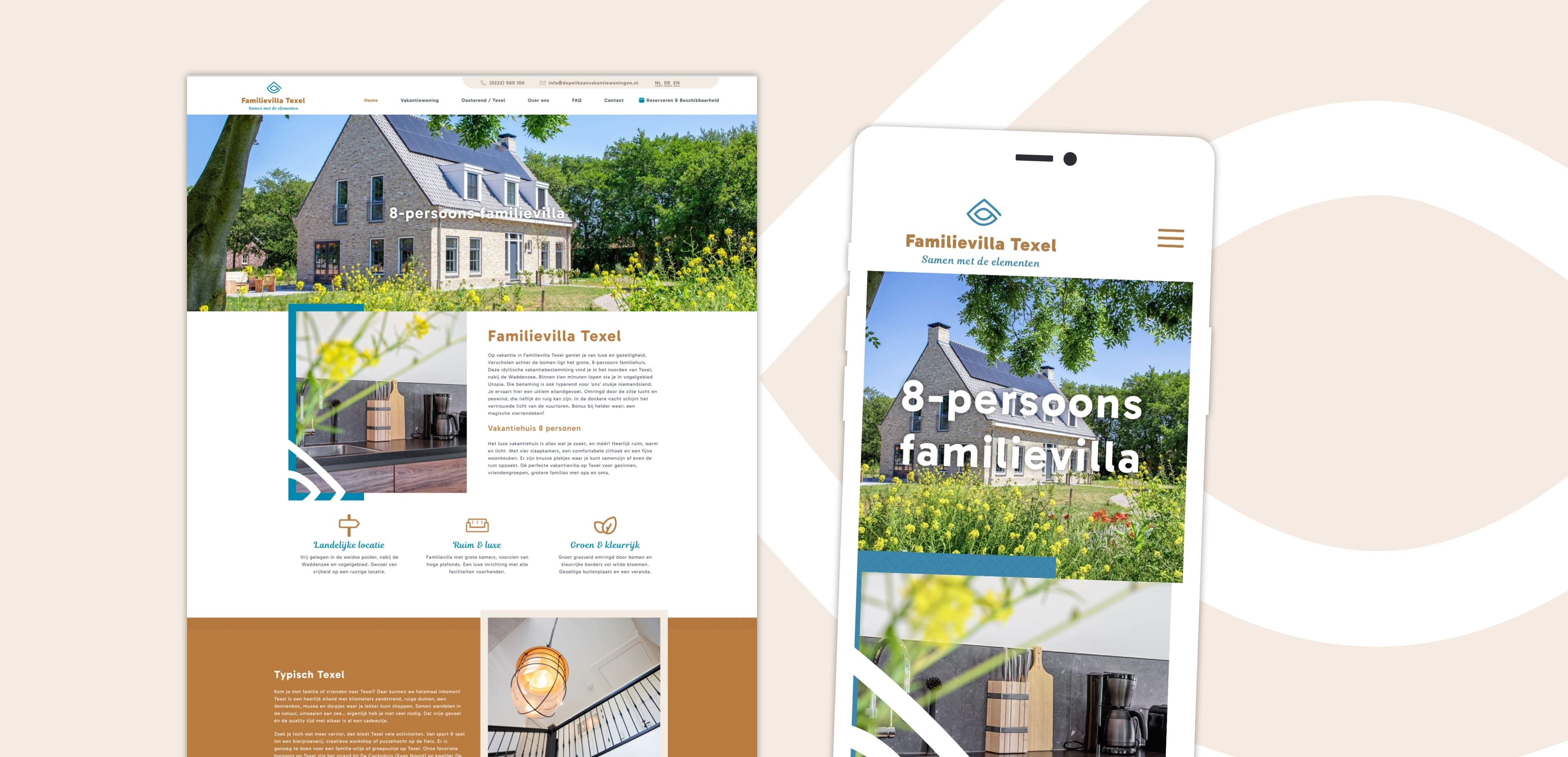 Website en mobiele weergave van een pagina met vakantiehuizen te huur, met een groot huis, een ontspanningsruimte in de buitenlucht en tekst over een familievilla voor 8 personen. Ideaal voor het ontdekken van unieke verblijven via online diensten.