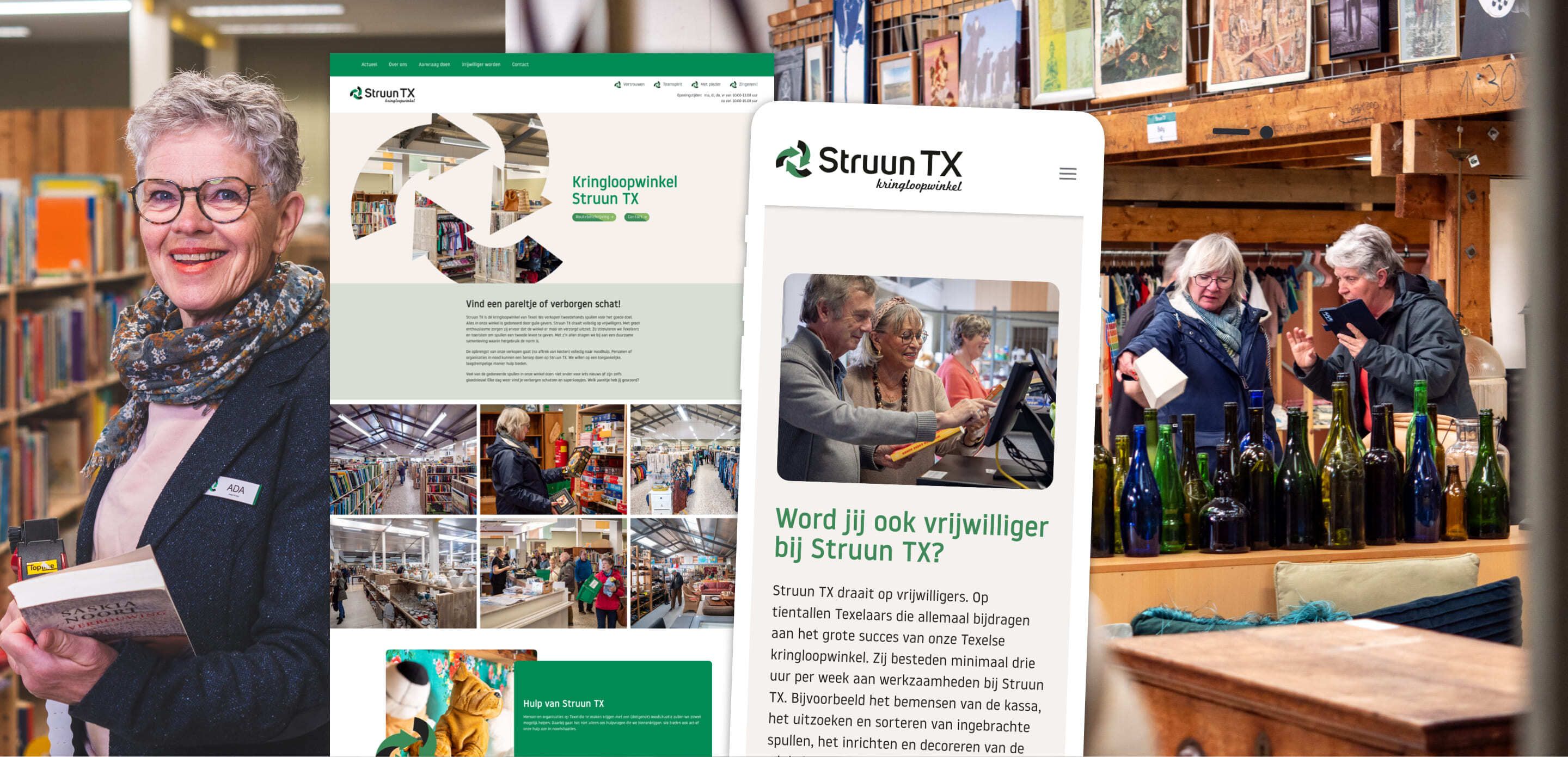 Een vrouw houdt een boek vast in een winkel. Overlappende screenshots van websites en beelden van vrijwilligers die flessen sorteren in een kringloopwinkel.