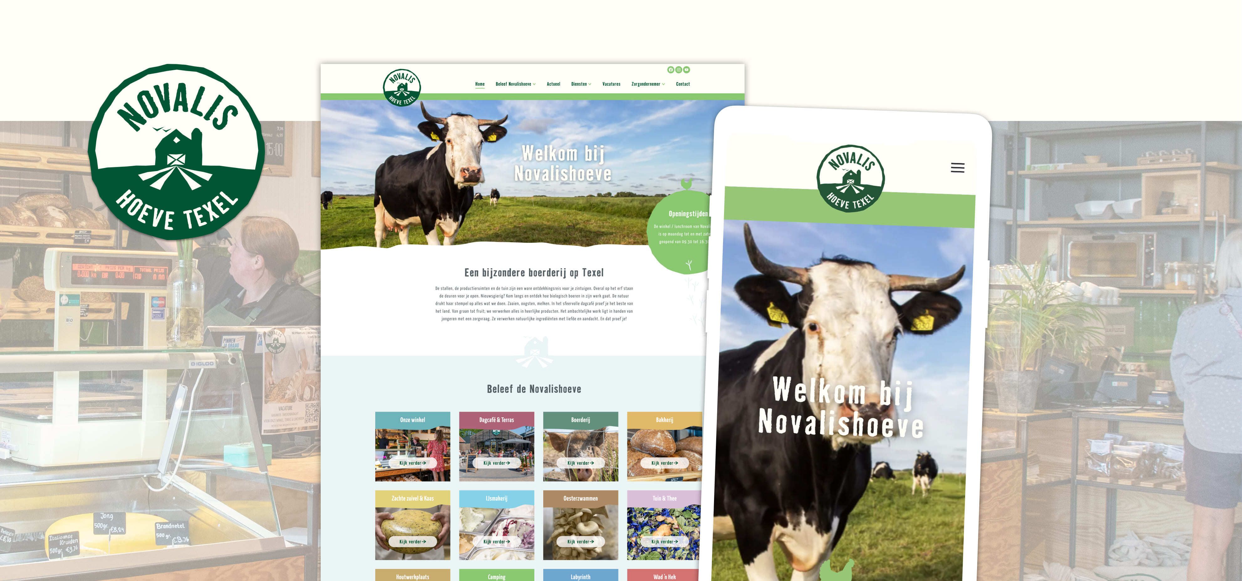 Op twee digitale apparaten is de website van Novalishoeve te zien. Op de achtergrond is een koe en een boerderijlogo te zien. Op de achtergrond is een wazig winkelinterieur te zien, wat de expertise van Novalishoeve op het gebied van websites en webshops benadrukt.