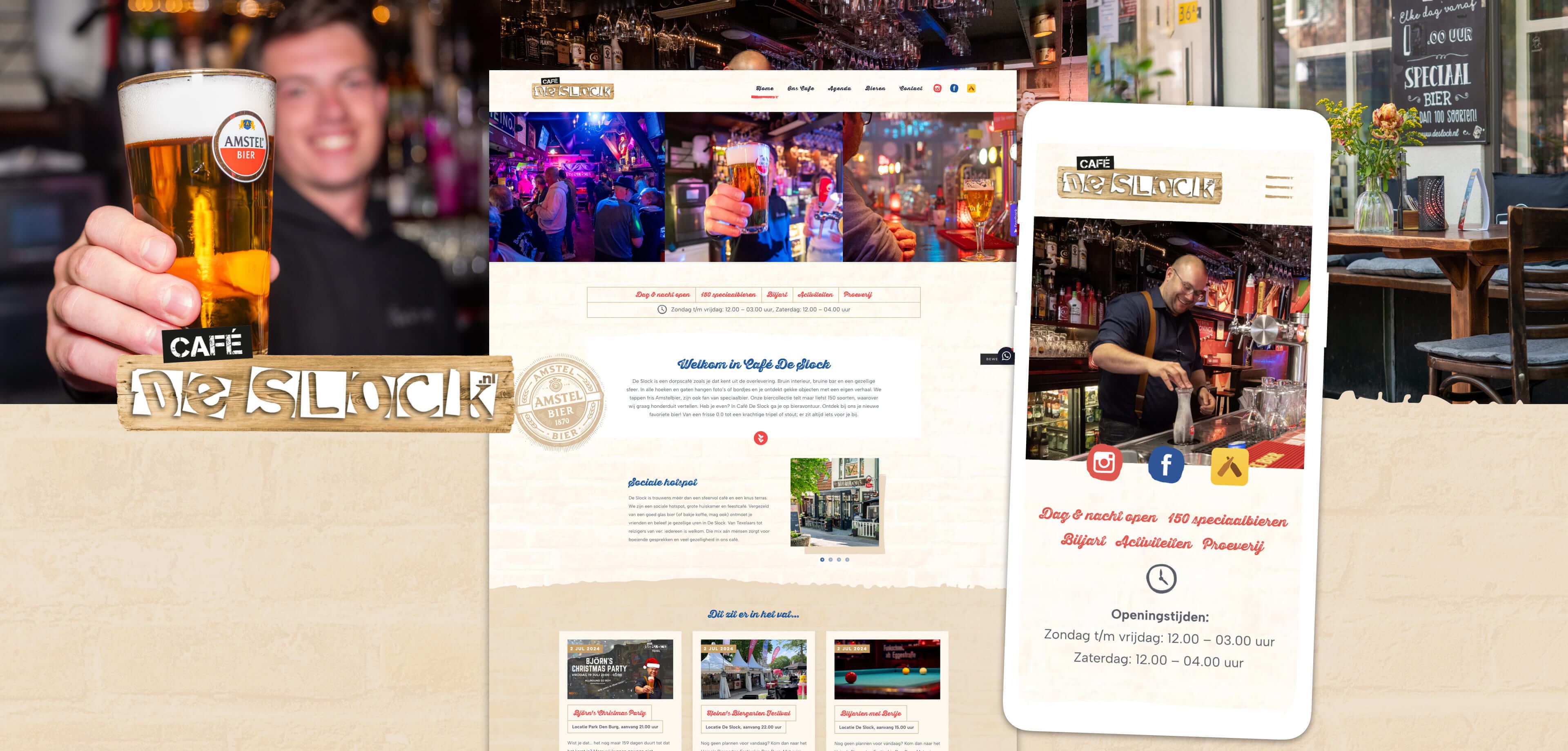 Een barman serveert bier in een levendige bar; daaroverheen zijn screenshots van de website van Café NelisLuck te zien, waarop de homepage, het interieur, contactgegevens en hoe klanten rechtstreeks via hun site toegang kunnen krijgen tot online diensten te zien.