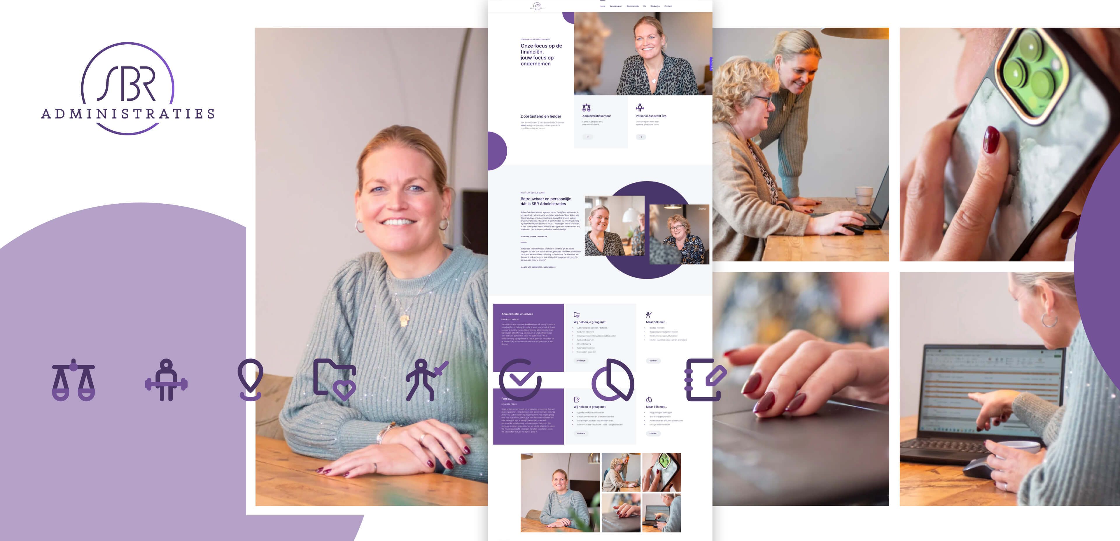 Collage van een vrouw die lachend aan een bureau zit, op een laptop werkt, een telefoon gebruikt en samenwerkt met een andere vrouw, naast een bedrijfslogo en screenshots van websites en online diensten.