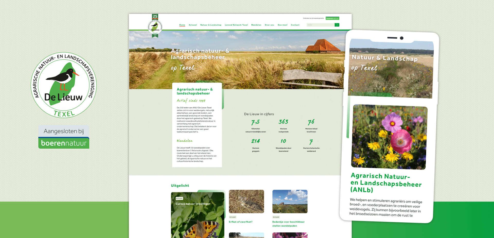 Een website en mobiele weergave voor De Lieuw, een agrarische natuur- en landschapsbeheerorganisatie, met natuurfoto's, tekst en een logo op een groen-witte achtergrond. Ideaal voor de presentatie van hun online diensten.