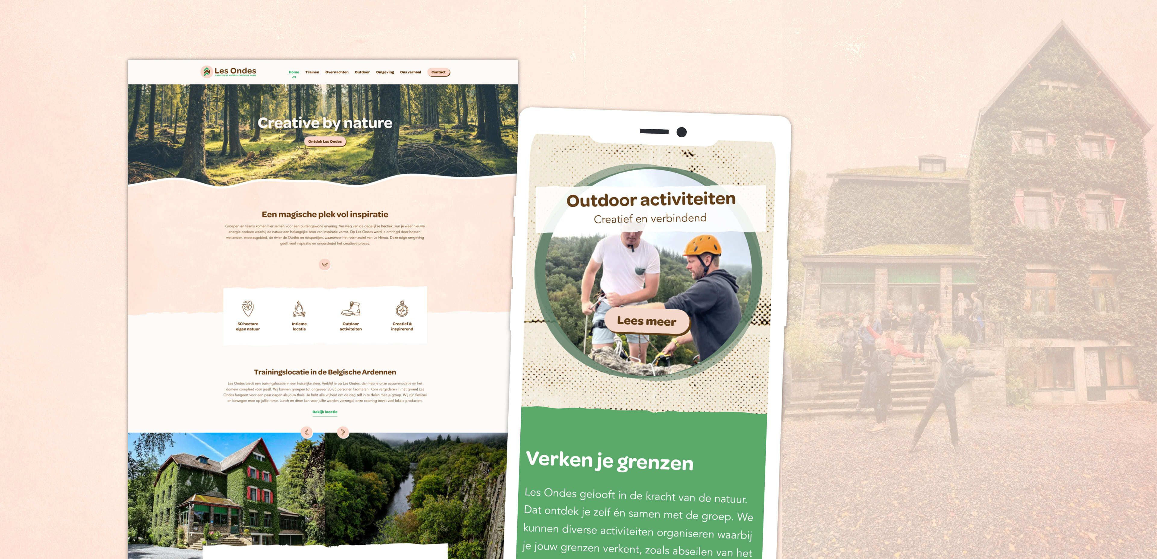 Op de website en op de mobiele telefoon is informatie te vinden over Les Ondes, met onder meer buitenactiviteiten, natuurbeelden, een met groen bedekt gebouw en details over hun onlinediensten.