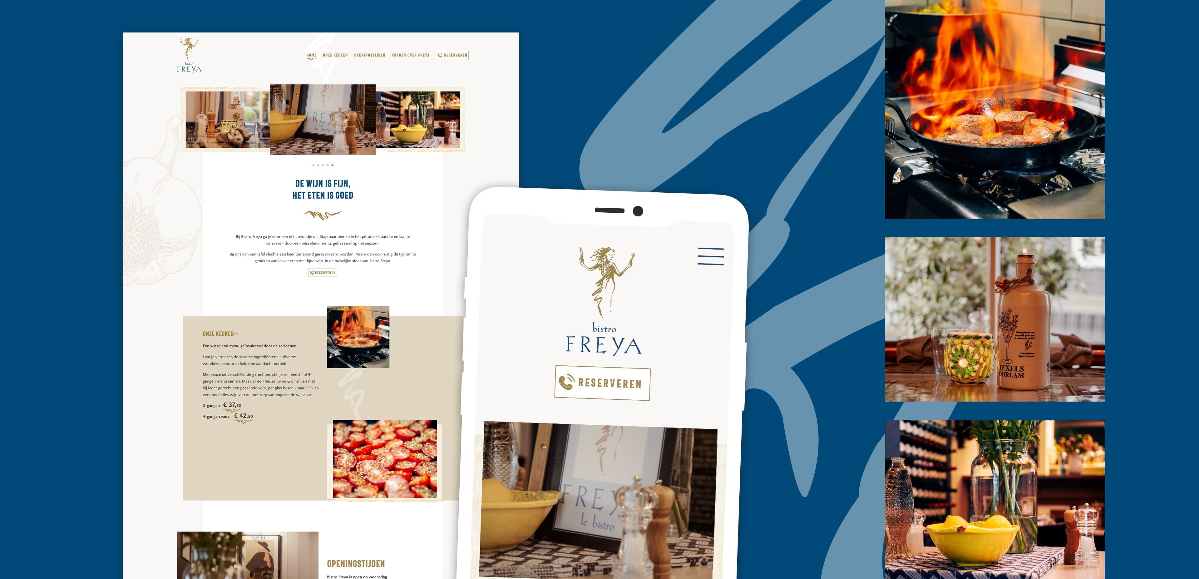 Collage van een website van een restaurant op een computer en een telefoon, naast foto's van eten, drinken en een kok die vlees bereidt boven een open vuur. De nadruk ligt op websites die online diensten voor restaurants aanbieden.