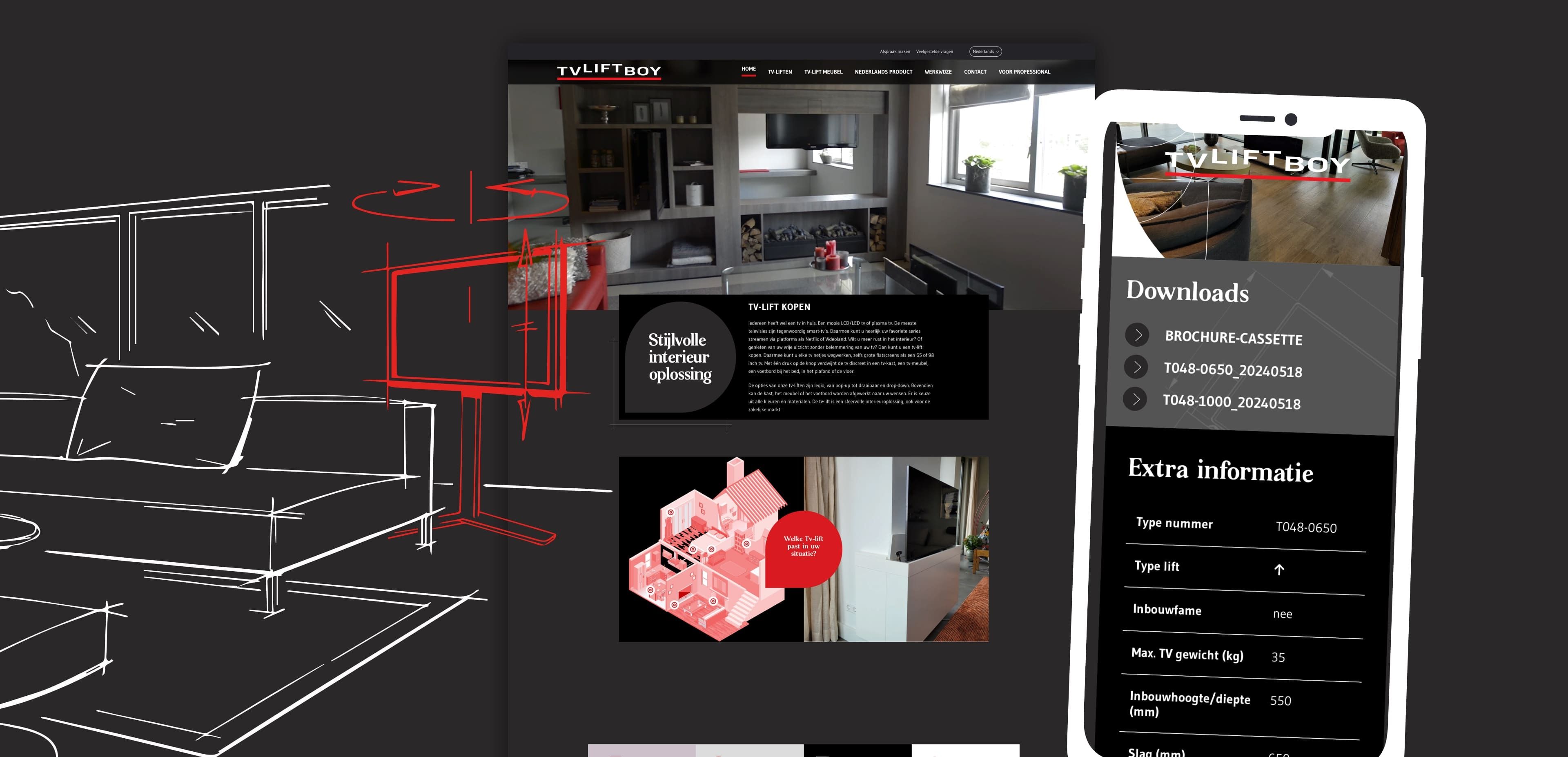 Een website over een tv-liftsysteem wordt weergegeven op een desktop en een smartphone en toont productafbeeldingen, technische tekeningen en downloadbare brochures. Ideaal voor wie op zoek is naar innovatieve websites of online diensten.