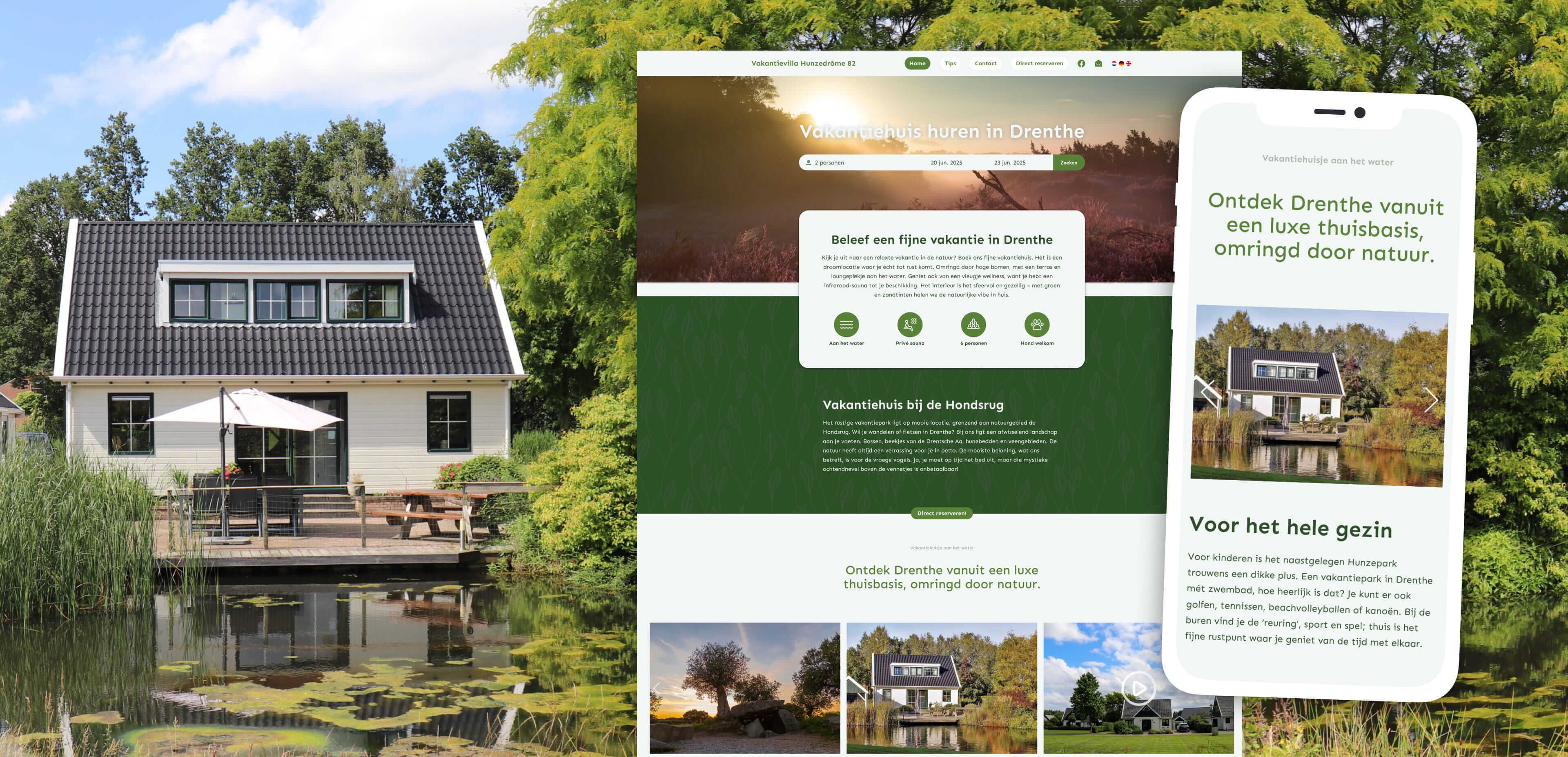 Een modern huis bij een vijver, omgeven door groen, afgebeeld naast mockups van desktop- en mobiele websites die reclame maken voor vakantiehuizenverhuur en online diensten in Drenthe.