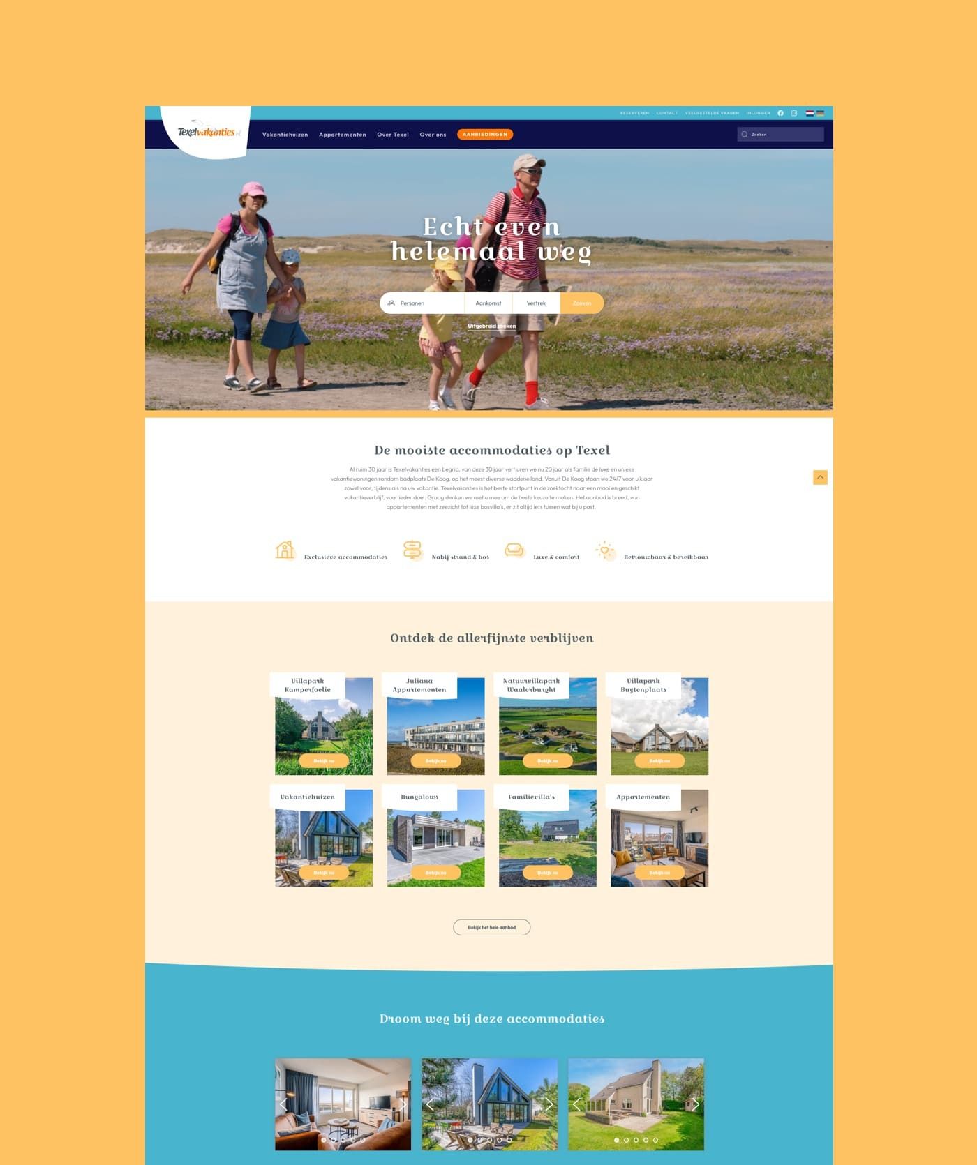 Schermafbeelding van een website die vakantieaccommodaties op Texel aanbiedt, met een headerafbeelding van een gezin op het strand, een zoekbalk, accommodatiecategorieën en foto's van verschillende verhuurmogelijkheden. Het toont allemaal gebruiksvriendelijke onlinediensten.