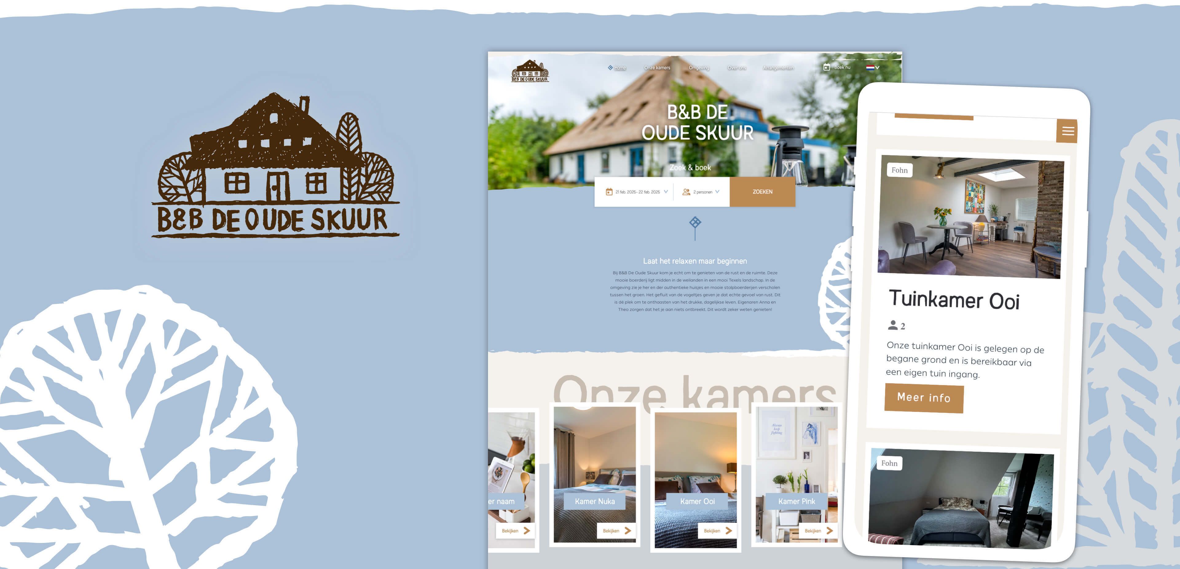 Screenshot van de website van B&B De Oude Skuur met logo, hoofdpagina met foto van rieten huis, kamerbeschrijvingen en mobiele weergave. Hier ziet u hoe online diensten websites voor de horeca kunnen verbeteren.