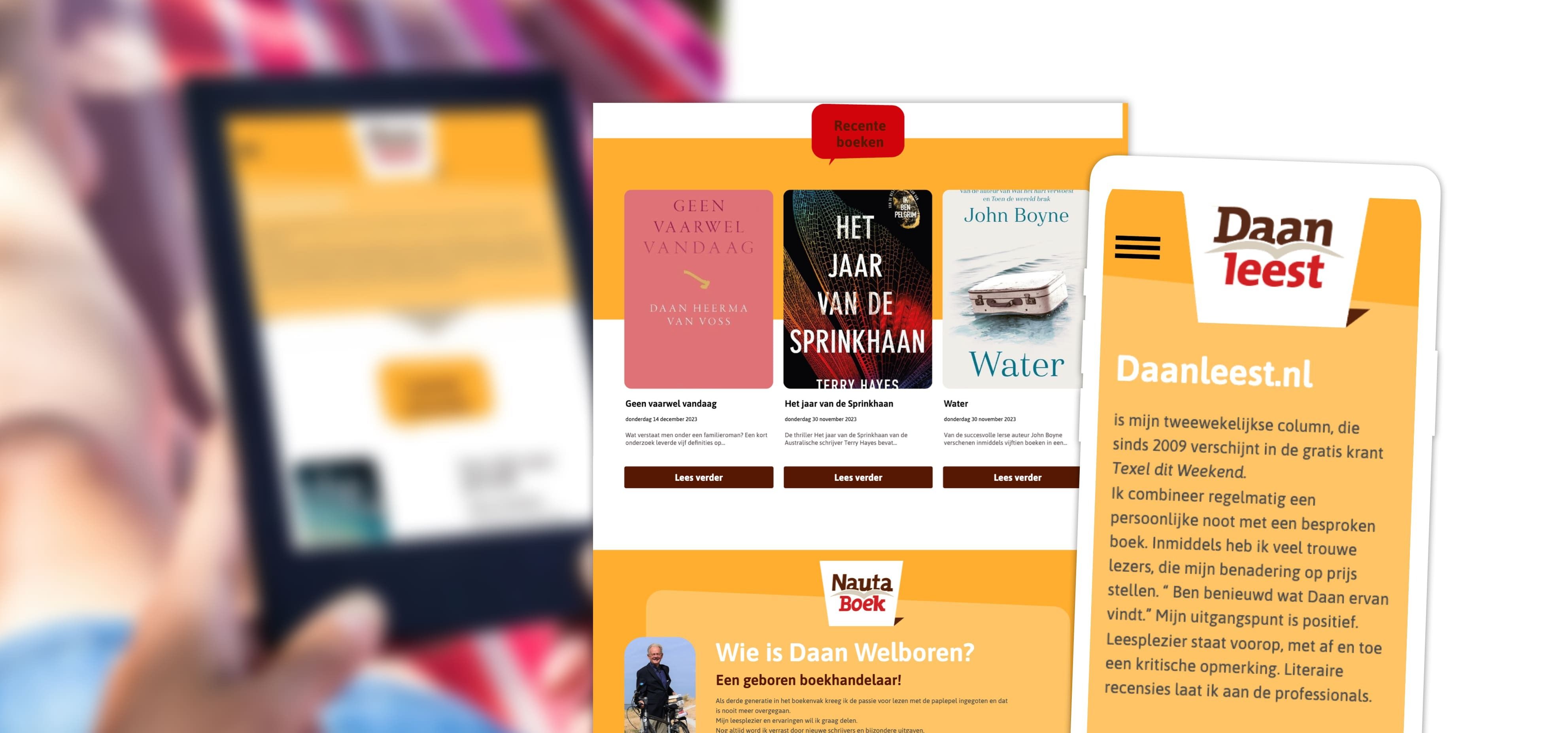 Op de achtergrond houdt een wazig persoon een tablet vast, terwijl op de voorgrond de website Daanleest.nl te zien is, een verzamelplaats voor aanbevolen lectuur en inspiratie. Deze website benadrukt hoe online diensten zoals websites en webshops het ontdekken van nieuwe boeken moeiteloos maken.