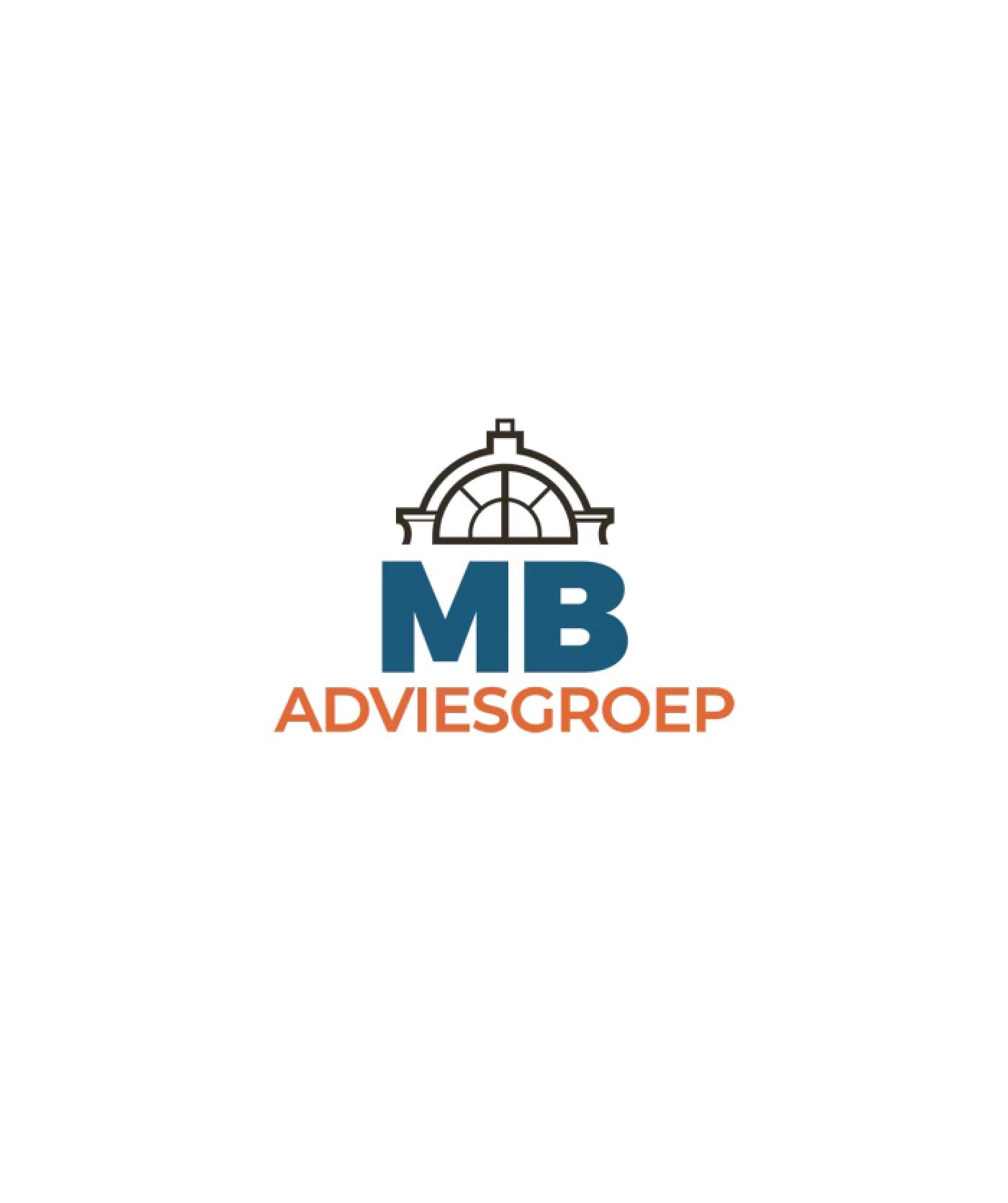 Logo met een gestileerde gebouwcontour boven de blauwe letters MB en daaronder het oranje woord ADVIESGROEP, dat staat voor expertise in websites en webshops op een witte achtergrond.