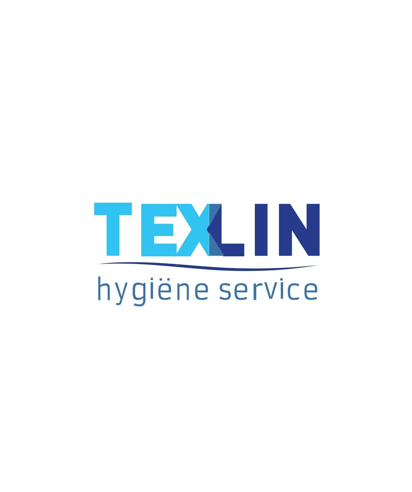 Logo met de tekst TEXLIN hygiëne service in blauwe tinten op een witte achtergrond, ideaal voor websites en online diensten.