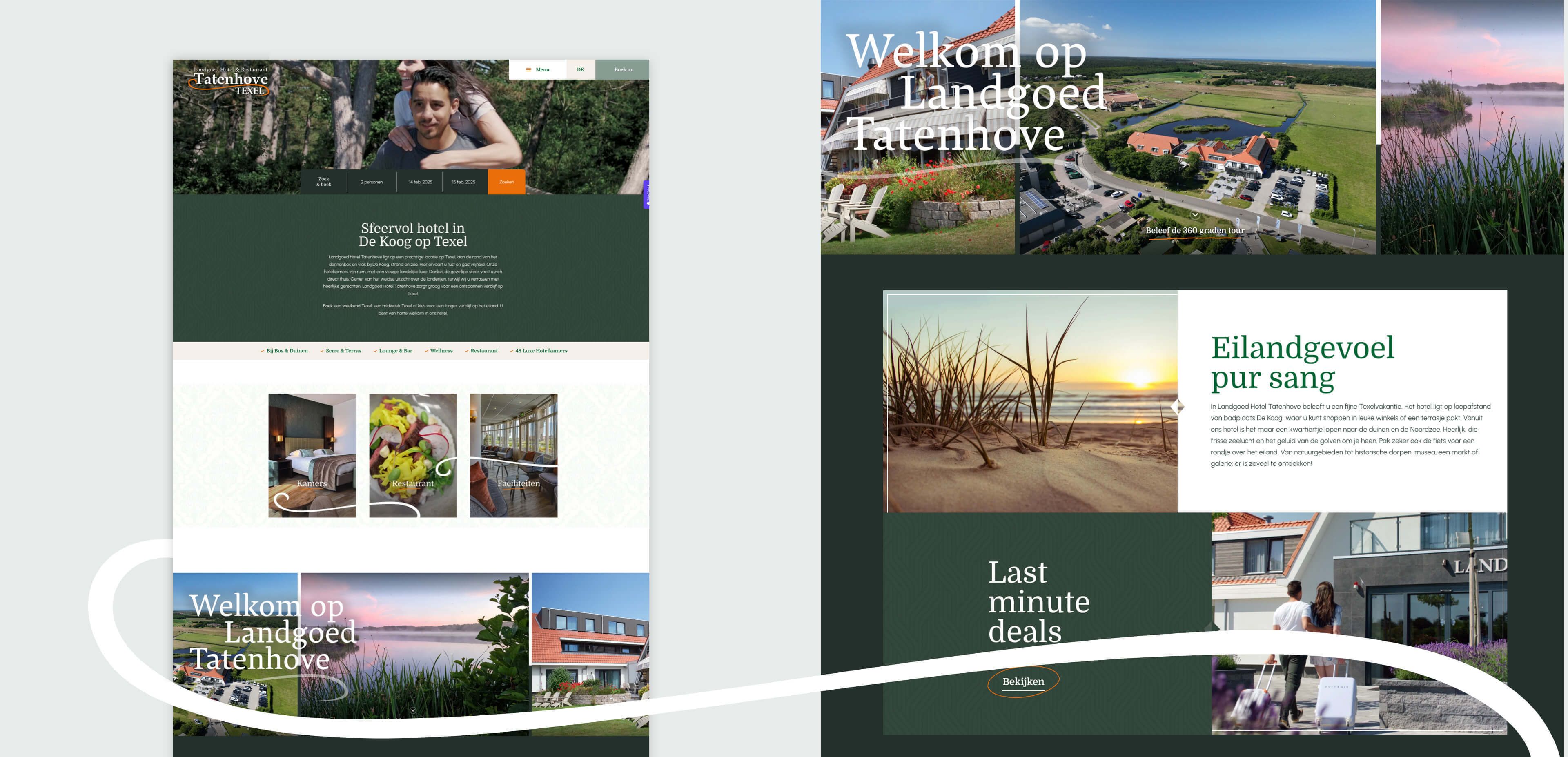 Screenshot van een hotelwebsite met afbeeldingen van het pand, natuurbeelden, tekst over de sfeer van het eiland en een sectie die lastminuteaanbiedingen promoot. Dit laat zien hoe websites de gastvrijheid kunnen verbeteren en online diensten kunnen stimuleren.