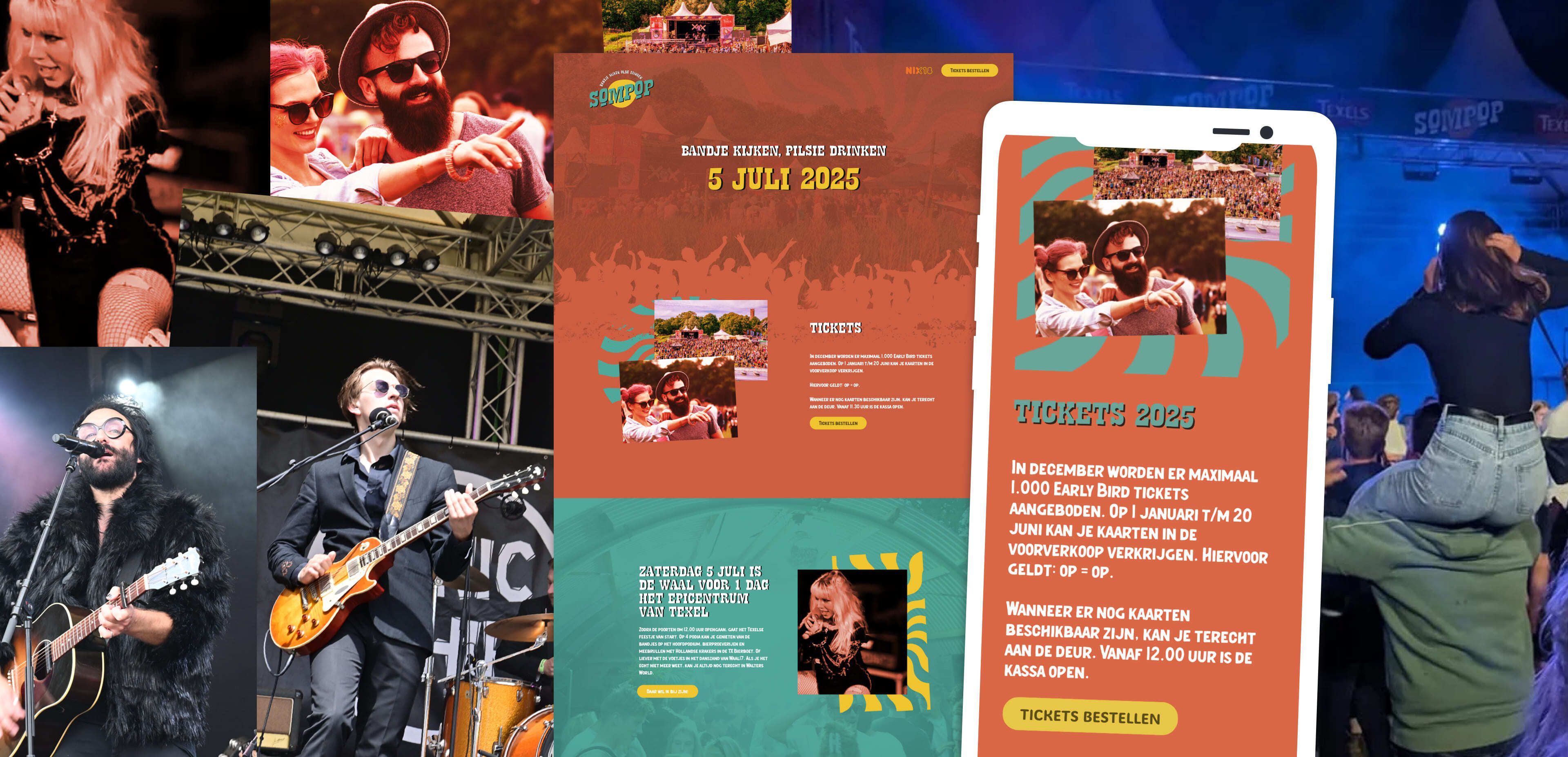 Een collage van livemuziekoptredens en een digitale poster die reclame maakt voor een zomerfestival op 5 juli 2025, met ticketinformatie, foto's van eerdere bezoekers en links naar websites voor online diensten en webshops.
