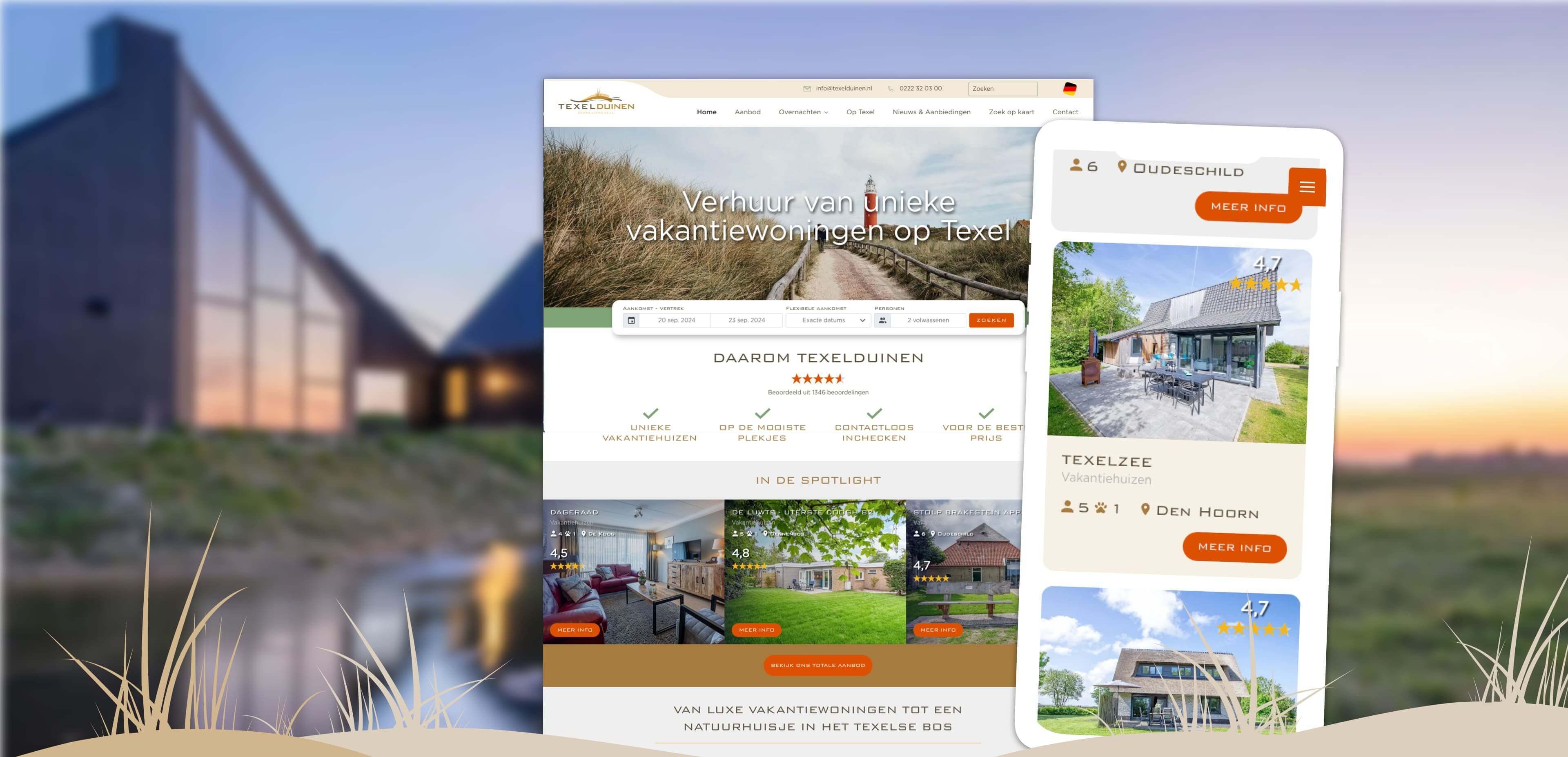 Schermafbeelding van een website voor vakantieverhuur met advertenties voor vakantiehuizen, inclusief afbeeldingen, beoordelingen en details over de locatie. Hier ziet u hoe dergelijke onlinediensten eruitzien op zowel desktop- als mobiele versies.