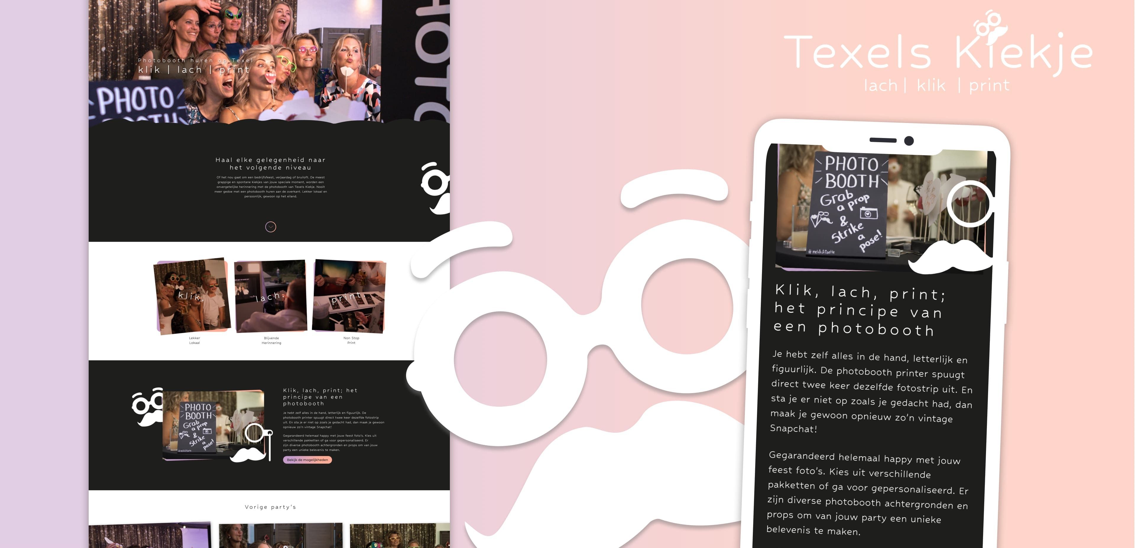 Screenshot van de website van Texels Kiekje, een online verhuurbedrijf van fotohokjes, met foto's van evenementen, informatie over arrangementen en een roze en wit kleurenschema met speelse grafische elementen.