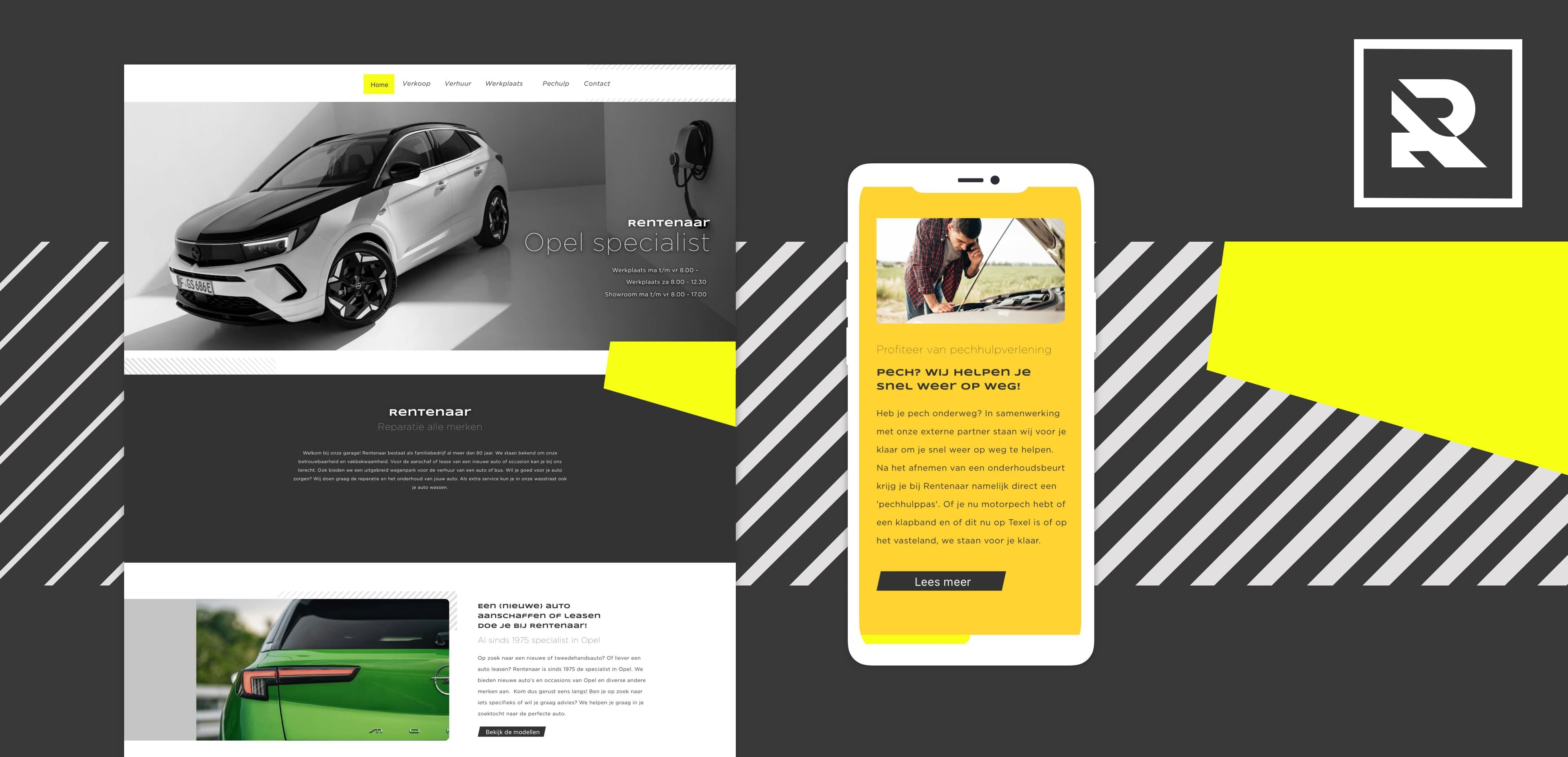 Op de website en op het scherm van een mobiele telefoon wordt autogerelateerde content getoond met moderne designelementen, met nadruk op online diensten en een opvallend gestileerd R-logo op een donkere achtergrond met felgele accenten.
