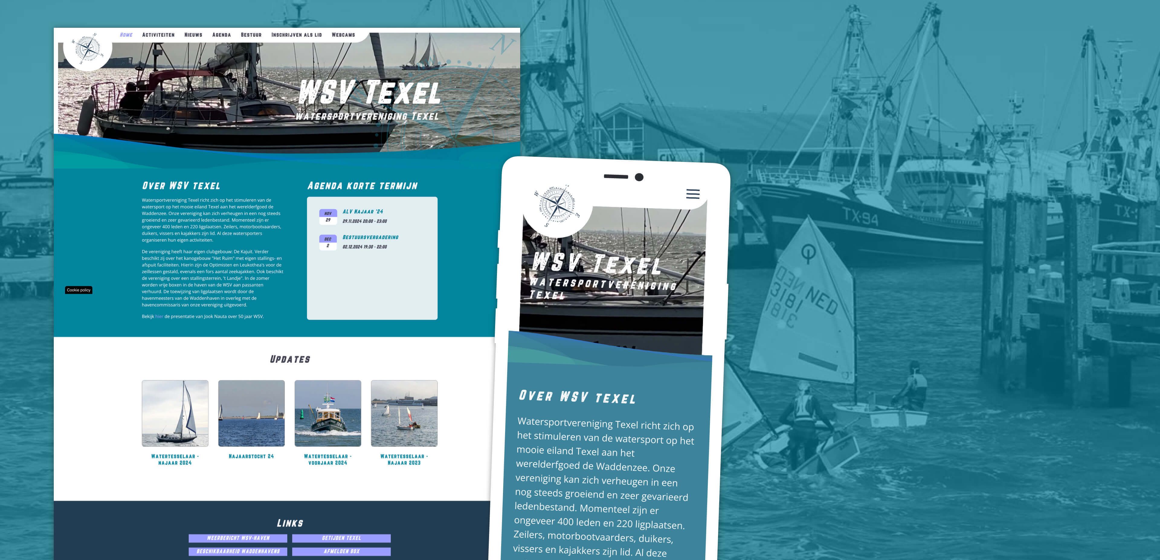 Website- en mobiele weergavemodellen voor WSV Texel, met bootfoto's, evenementeninformatie en clubgegevens tegen een blauwe achtergrond met boten, waarmee hun onlinediensten en websites worden gepresenteerd.