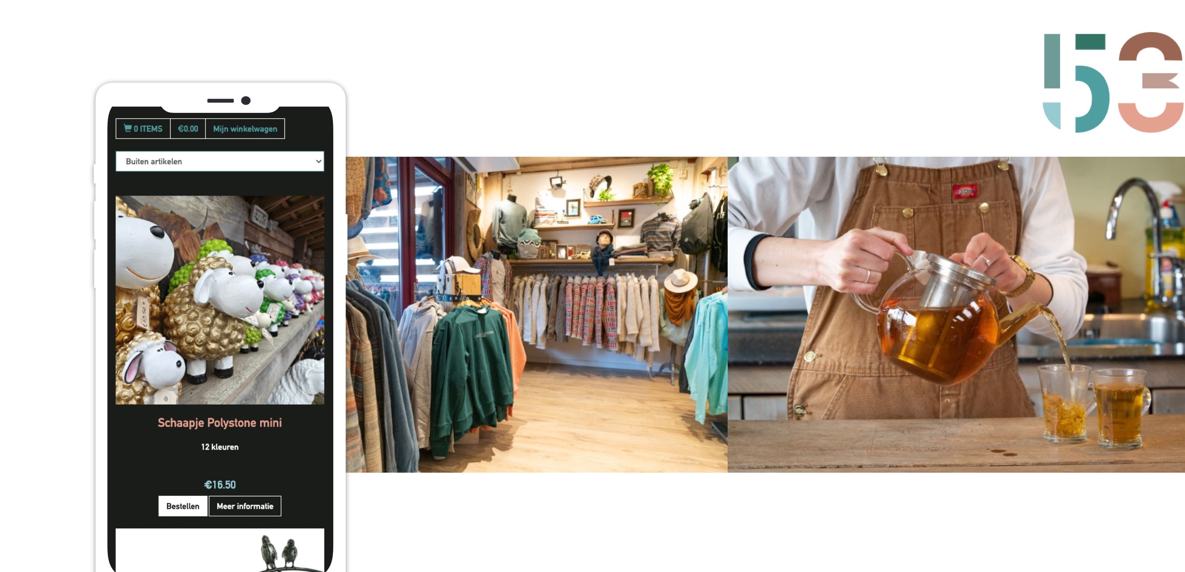 Op een smartphone zie je een winkel-app voor webwinkels, in een kledingwinkel zie je rekken met kleding en iemand schenkt thee in glazen.