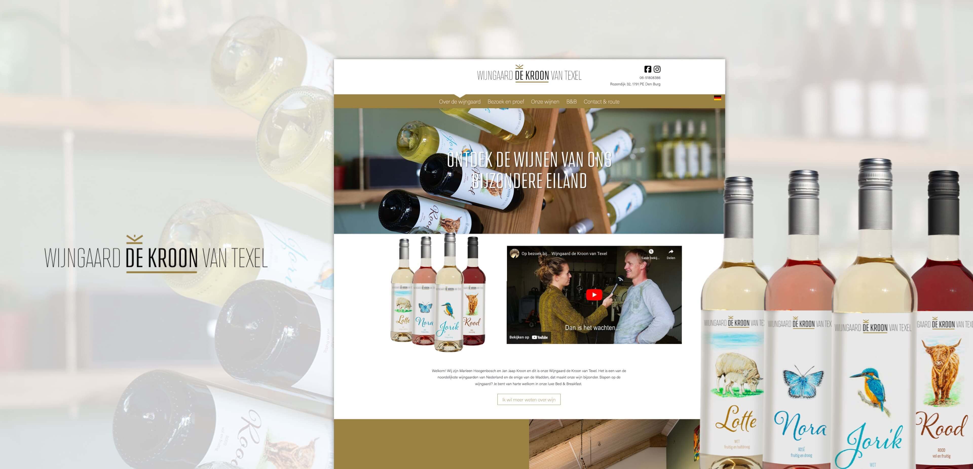 Screenshot van de website van Wijngaard De Kroon van Texel, met wijnflessen, geïllustreerde productetiketten en een videosectie op de homepage: een voorbeeld van hoe websites unieke producten en online diensten onder de aandacht kunnen brengen.