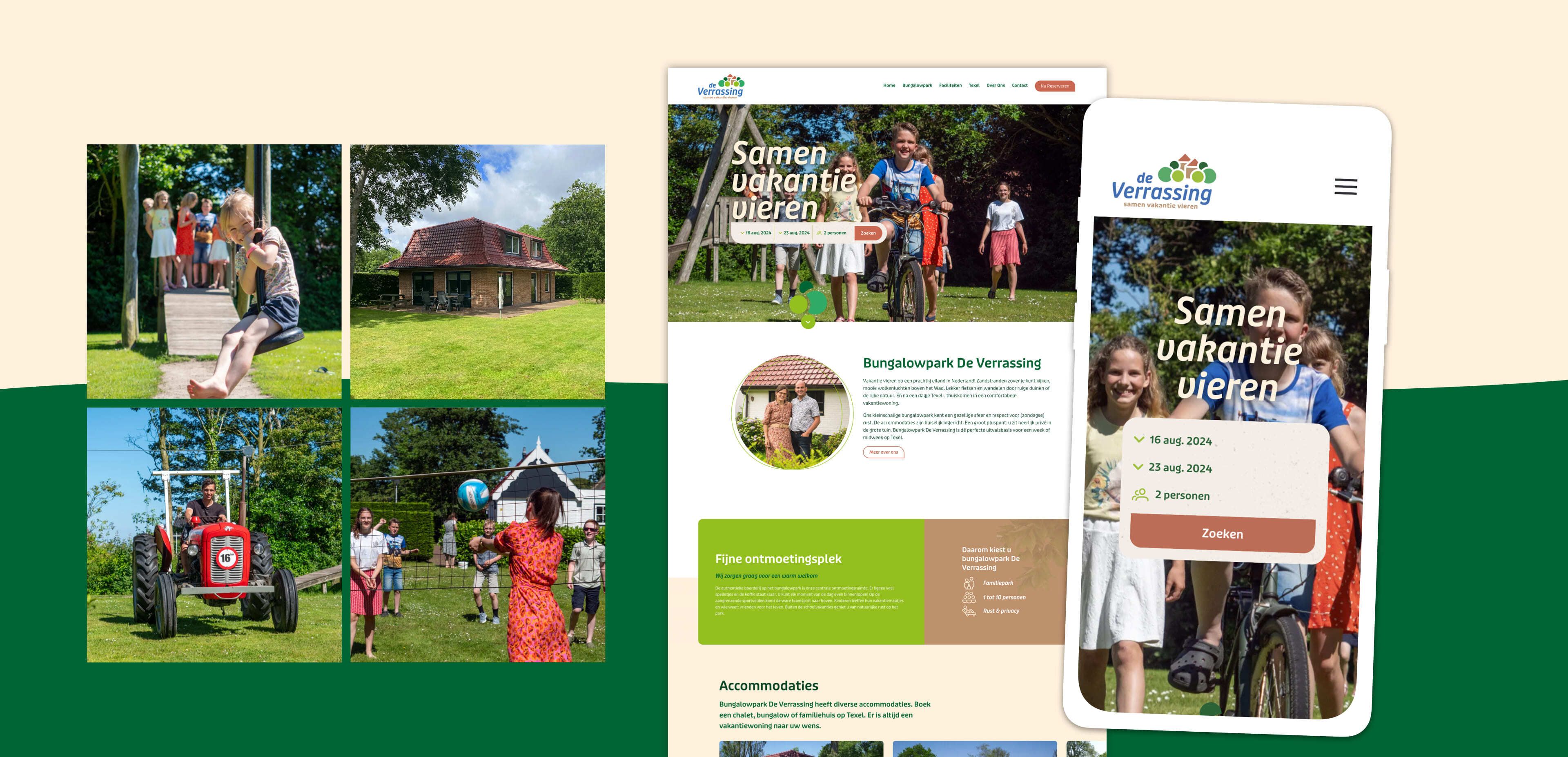 Een collage en websitemockup tonen een vakantieomgeving op het platteland met gezinnen die fietsen en spelen, een boerderij, een tractor en een mobiele weergave van de site met de tekst "Samen vakantie vieren" - perfect om webshops of online diensten te presenteren.